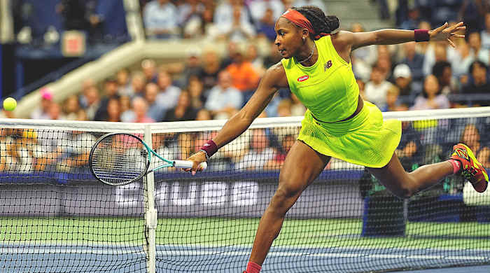 Coco Gauff returns a shot at the U.S. Open.
